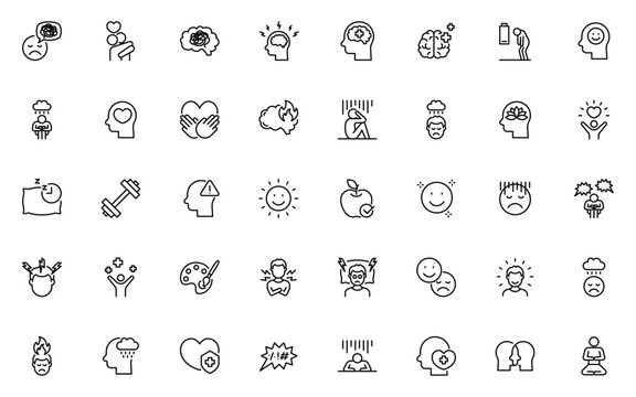 set of mental health icons, negative thinking, positive thinking, stress