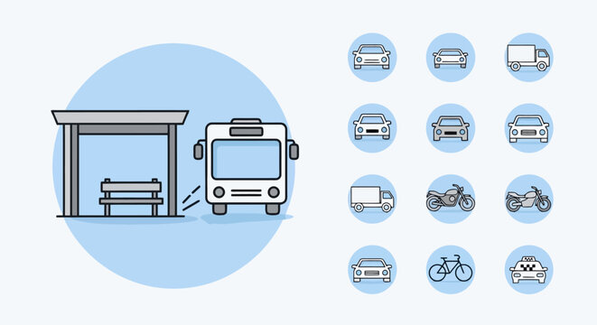Bus stop with bus and various vehicle icons.