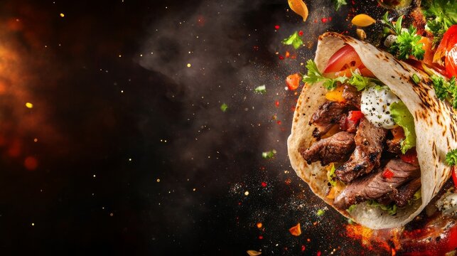 Fresh grilled beef shawarma sandwich with flying spices and ingredients ready for serving in a food advertisement