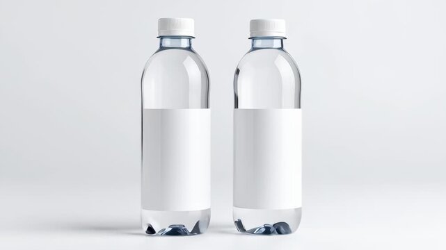 Two clear plastic bottles with white caps and blank labels on a light background