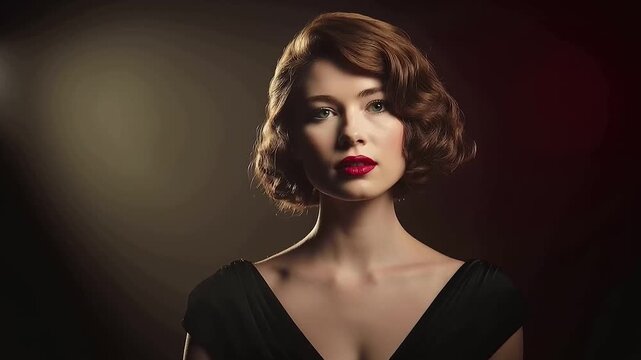 A glamorous old Hollywood actress poses for a portrait featuring elegant marcel waves a soft studio backdrop wi 272a289a 3