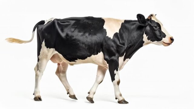 A black and white Holstein Friesian cow stands looking to the left on a white background.