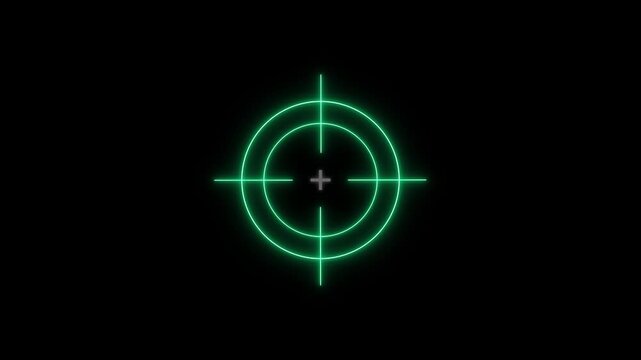 Abstract neon light target icon looped animation on black background. Cyan military training concept, Sniper gun shoot target concept, Sniper gun mobile game.