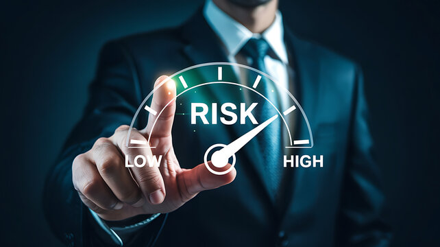 Risk meter gauge showing high risk level with businessman pointing finger on display, representing financial risk assessment and management in business decision making