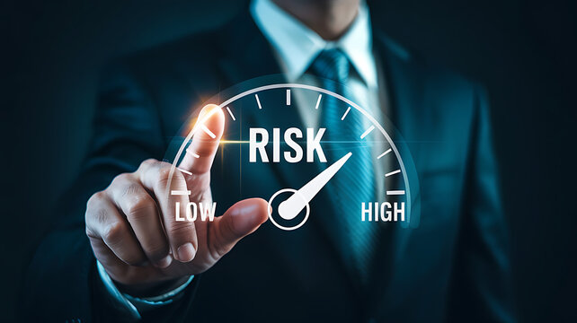 Risk meter gauge showing high risk level with businessman pointing finger on display, representing financial risk assessment and management in business decision making