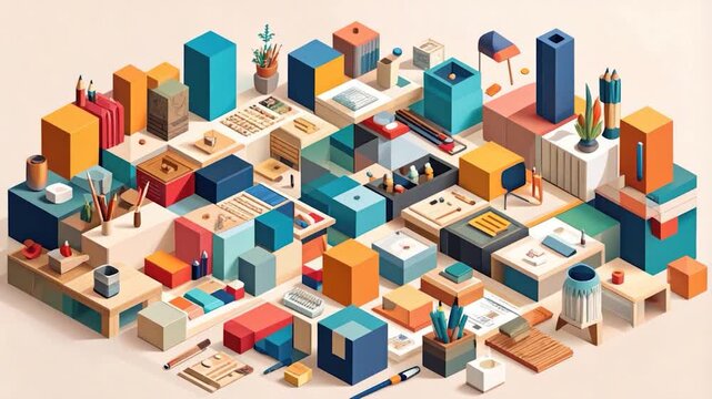 Isometric colorful cuboid design featuring stationery and decor elements