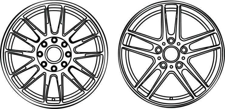 Automotive alloy rim wheel set vector illustration car tire parts maintenance mechanical design hub