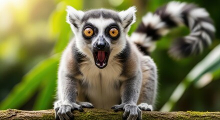 Fototapeta premium Ring-tailed lemur with wide-open eyes and mouth on a tree branch in a lush green jungle environment