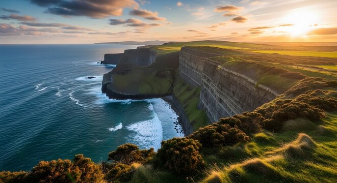 Dramatic coastal cliffs of moher landscape at sunset with waves crashing against steep rocky shoreline and green grassy fields on top under golden sky in ireland during warm summer evening sunlight