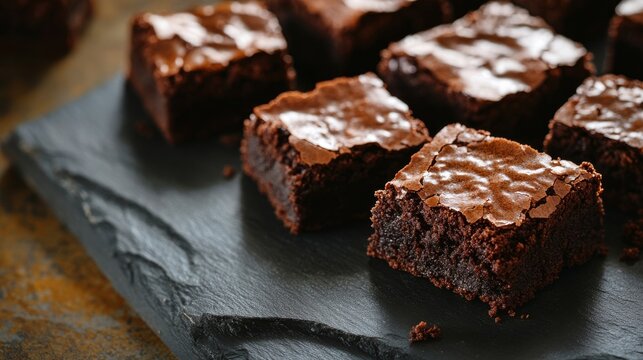 Gourmet chocolate brownies arranged on a textured backdrop of slate and wood for a delightful dessert presentation