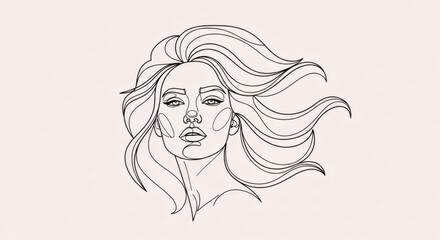 Fototapeta premium Simple line drawing of a woman's face with flowing hair.