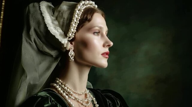 A Renaissance woman in a richly detailed velvet gown and elegant pearl headdress poses gracefully in a studio w 18900e22 2