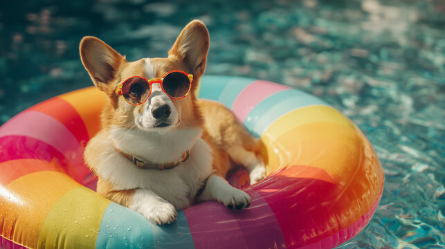 Ai Dog wearing sunglasses relaxing on a colorful float in a swimming pool during sunny weather