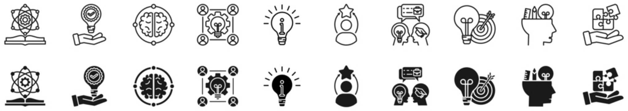 Idea icon set. Creative and solution logo. Lightbulb with brain symbol.&nbsp;