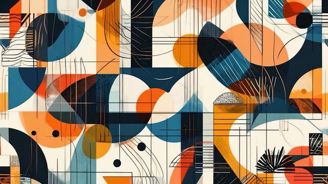 Abstract geometric composition,  shapes with flowing lines and contrasting colors