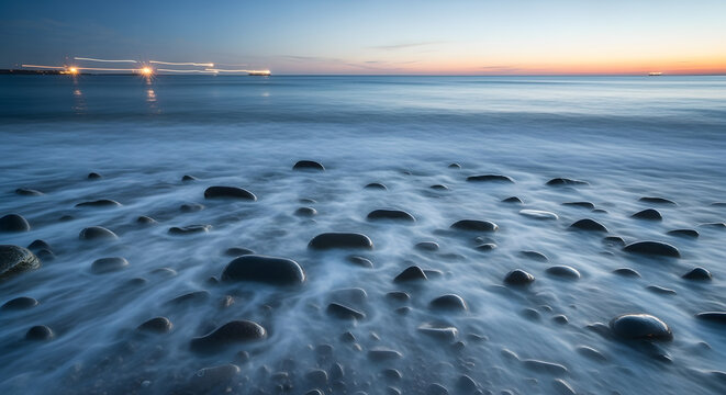 Serene coastal landscape at dusk with smooth pebbles and gentle waves under a twilight sky