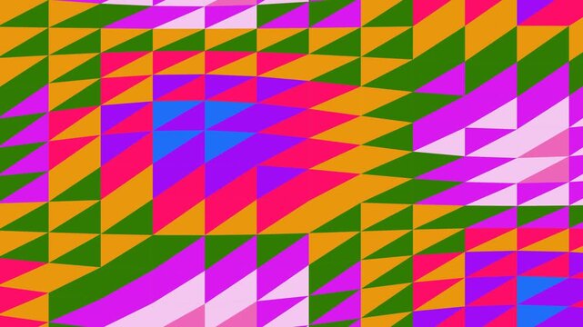 Vibrant geometric pattern with triangles in pink, purple, orange, green, and blue hues
