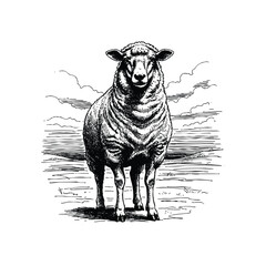 Vintage Engraving of a Sheep Standing in a Field. Hand drawn engraving style vintage vector. © Monstar Studio