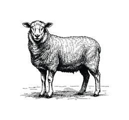 Vintage Engraving of a Sheep Standing on a Field. Hand drawn engraving style vintage vector. © Monstar Studio