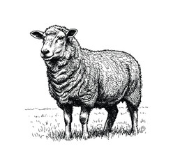 Detailed Black and White Illustration of a Sheep Standing in a Field. Hand drawn engraving style vintage vector. © Monstar Studio