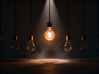Glowing glass light bulb hanging on a dark wall as a creative concept for bright business ideas and innovative technology power