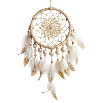 Elegant dreamcatcher adorned with delicate white feathers and tassels hanging gracefully.