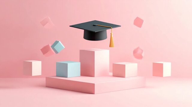 Academic theme with floating mortarboard and geometric shapes on pink