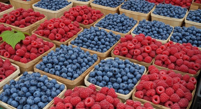 a variety of fresh berries packed in pint baskets, likely at a farmer's market.