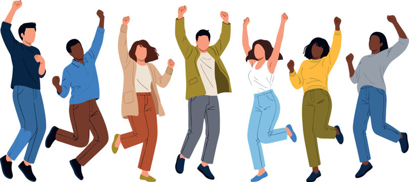 Group of diverse happy people jumping and cheering with raised hands celebrating success and victory flat vector illustration
