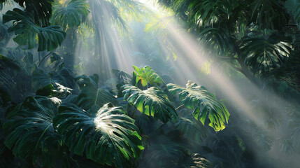 Naklejka premium Ai Sunlight filtering through green leaves in a dense jungle during daytime
