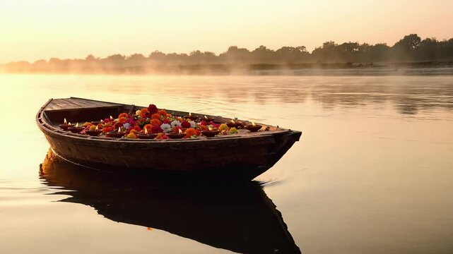 Peaceful Boat Offering on River at Sunrise Golden Hour