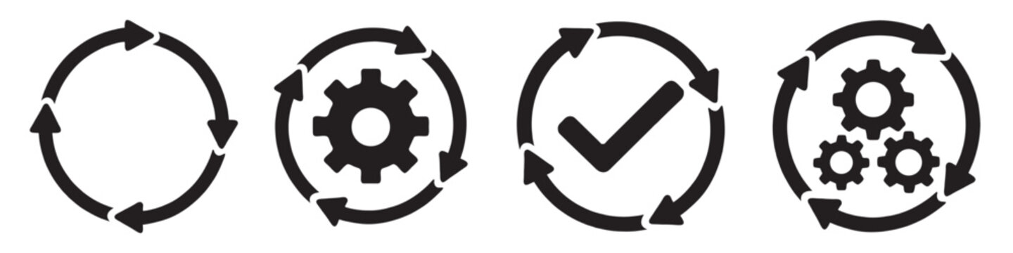 Sync process set, icon reload set, circle arrow with gear wheel, recycling recurrence, renewal sync processing icons