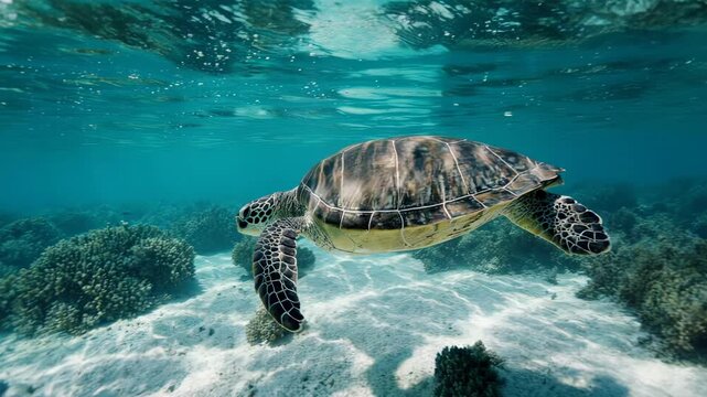 Coral Shelf. Animal Habitats Around the World. Marine Habitat. A sea turtle gliding slowly over a shallow coral shelf, set in a bright turquoise tropical ocean near the shore

