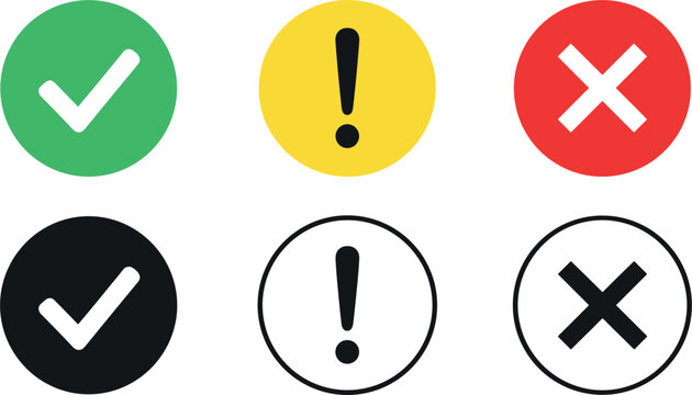 Set of flat status icons including green checkmark yellow exclamation point and red cross mark in circular frames for web and app interface vector illustration