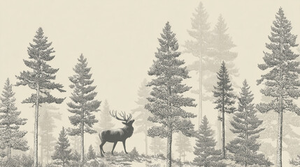 Obraz premium Ai Stag in a forest standing among tall trees in a black and white illustration