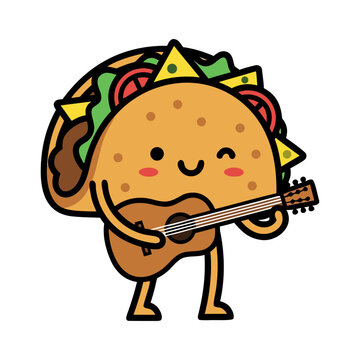 A cartoon taco character happily playing a guitar with a fun and lively expression, b18.eps illustration style