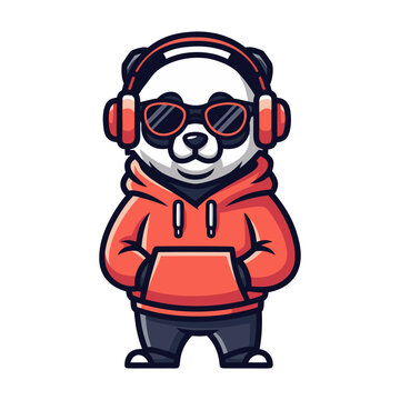 Illustration of a panda wearing headphones and sunglasses holding a tablet device standing upright with a casual outfit on a plain background