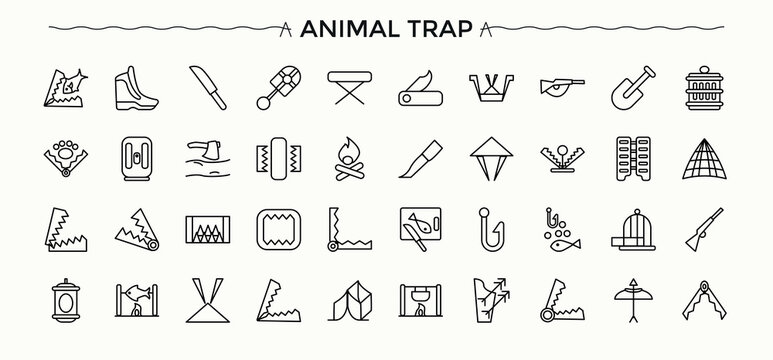 Animal Trap icon set. Minimalist editable vector stroke. Contains such symbols as bait, hunting, wildlife, animal, catch. Signs for web and mobile app. Animal vector icon set.