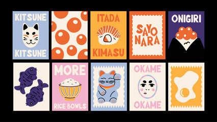 Fototapeta premium Minimalist Japanese posters with cartoon sushi, geisha, koi fish, sakura and ramen. Modern Asian wall decor and trendy banners.