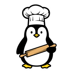 Fototapeta premium Penguin chef holding rolling pin in kitchen scene illustration b33.eps