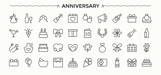 Anniversary icon collection. Modern icons collection. Contain linear sign decoration, festival, party, event, holiday, celebrate, fun. Editable stroke. Vector collection. Party icon set. © Rubbble