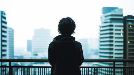 Fototapeta premium Silhouette of woman watching city skyline at dusk from balcony