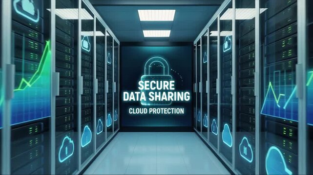 Datacenter with financial graphs. Cloud storage technology. Data protection, secure sharing concept