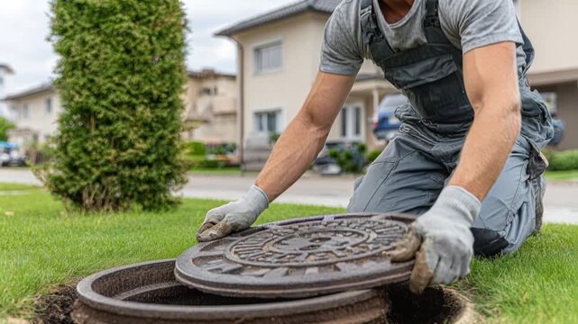 A worker in a grey uniform and yellow hard hat opens a metal manhole cover on a lawn. utility maintenance, city service, industrial work.