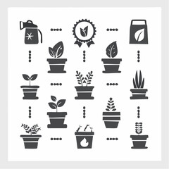 Fototapeta premium Various potted plants and gardening icons displayed in a grid arrangement showcasing different growth stages and types of foliage