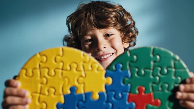 A child holding a heart shaped puzzle with different colored pieces