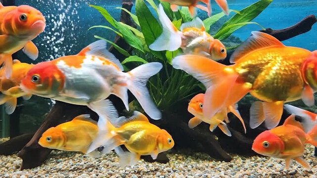 A group of vibrant goldfish gracefully swims in a clear freshwater aquarium