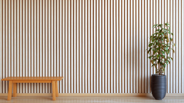 Ai Simple wooden bench against a modern striped wall with a green plant in a pot