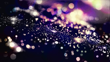 Abstract galaxy glitter bokeh background with purple and gold lights