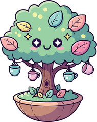 Fototapeta premium Cartoon Tree Character with Colorful Fruits in Pot